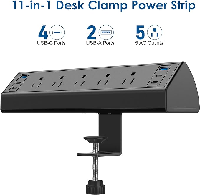 Desk Clamp Power Strip USB C,40W Total Fast Charging Station,4 PD 20W USB C Ports,Desk Edge Mount Power Strip 6 USB Ports 5 AC Outlets Surge Protector,6ft Cord,Fit 1.96" Tabletop Edge