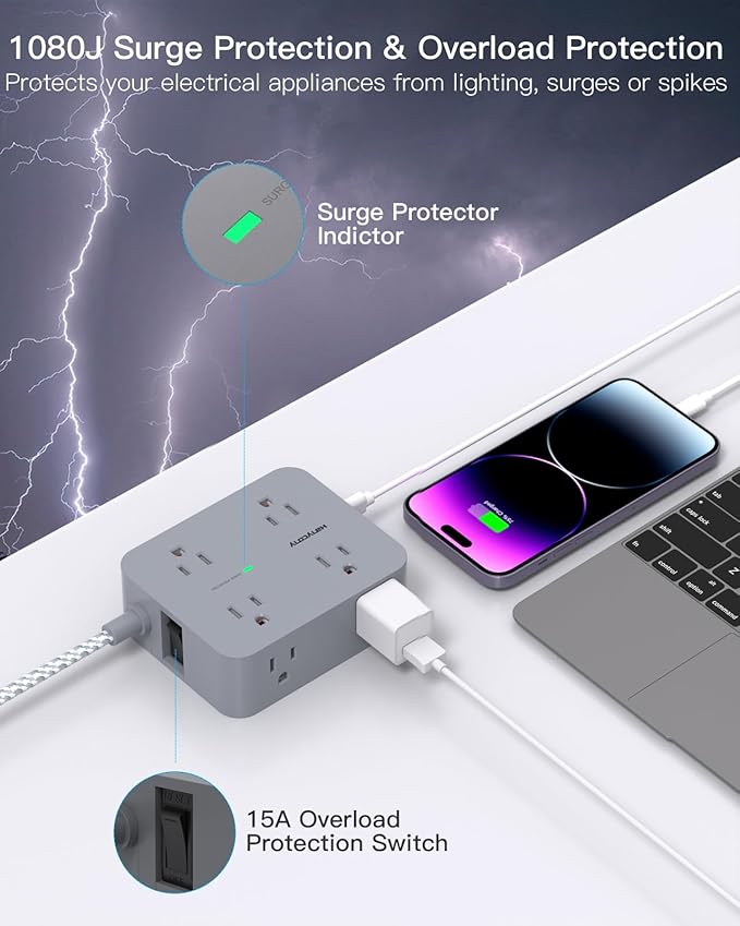 Surge Protector Power Strip 10 Ft Cord, Extension Cord with Multiple Oulets, 8 AC Outlets 4 USB (2 USB C) Ports, Flat Plug, Wall Mount Desk USB Charging Station for Home