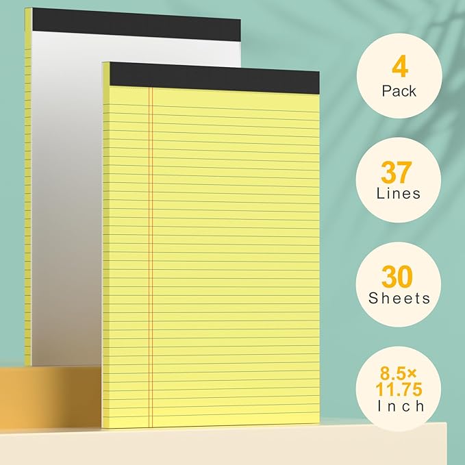 Yellow Note Pads 8.5 x 11 Legal Pads, 4 Pack Yellow Pads of Paper Tablets 8 1/2 x 11 Legal Notepads, Thickness Quality 30 Sheets per Yellow Pad 8.5 x 11 College Ruled Note Pads for Homework, Business