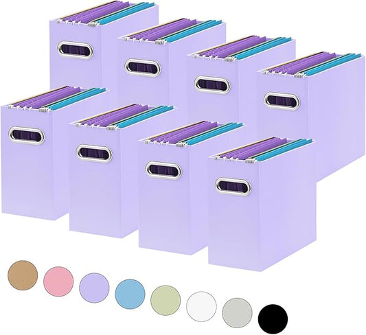 Oterri File Organizer, Small Storage Box, Cardboard File Folder Organizer, Collapsible File Box, Hanging File Organizer for Letter Size, Portable File Box with Handle, Only Box (Purple,8 Packs)