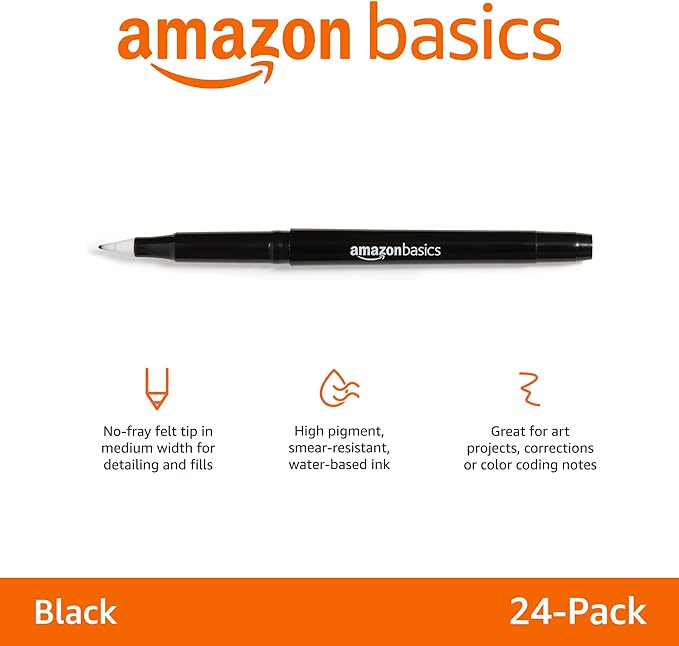 Amazon Basics Felt Tip Markers, Black, 24-Pack