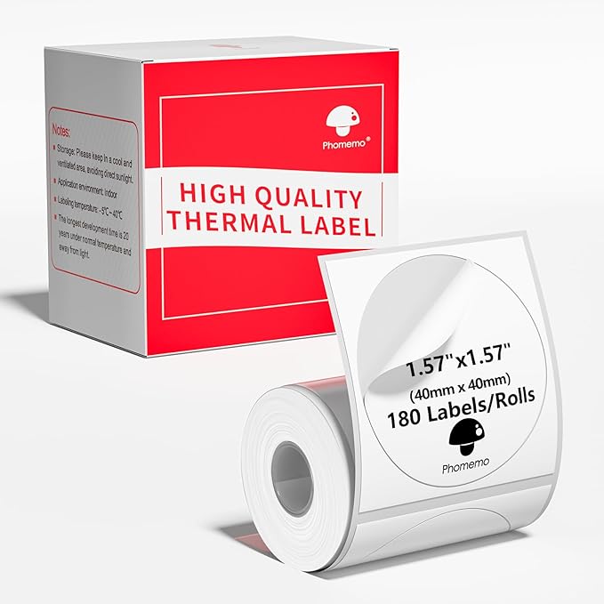 Phomemo Thermal Sticker Label Paper, Multi-Purpose Self-Adhesive Tag for M120/M110/M100/M200/M220/M150/M250 Label Maker Machine, 1.57"x1.57"(40X 40mm), 180 Labels/Roll,Black on White