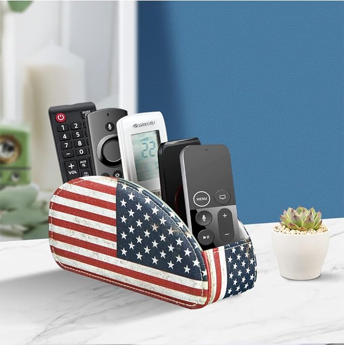 Remote Control Holder PU Leather TV Remote Caddy for Table, 5 Compartments Nightstand Organizer for Bedroom Accessories/Bedside Remotes/Media Controllers/Office Supplies, Decorations for Living Room