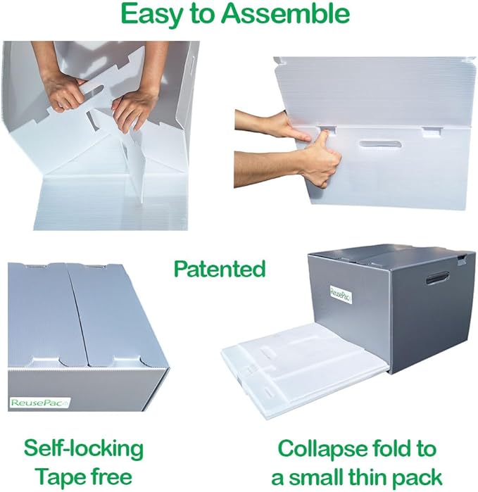 Reusable Foldable Box Corrugated PP Lightweight, Storage Moving, Heavy Duty Stackable, Tape Free Self-Locking Lid, Handles for Business Home In/Outdoors X-Large (nWhite, 24x16x12 in)