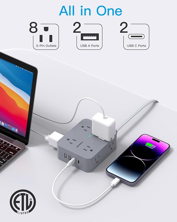 Surge Protector Power Strip 15 Ft Long Cord, 8 Outlets 4 USB Ports(2 USB C), Flat Plug, Desk Charging Station for Home Office College Dorm Room Essentials