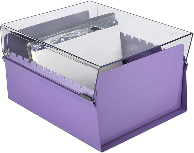 Acrimet 5 X 8 Card File Holder Organizer Metal Base Heavy Duty (AZ Index Cards and Divider Included) (Purple Color with Clear Crystal Plastic Lid Cover)