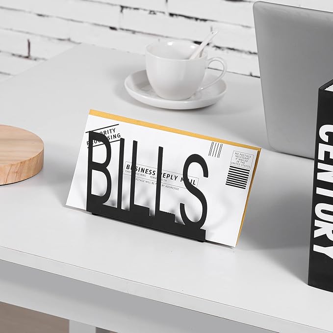 MyGift Black Metal Desktop Mail Sorter Organizer with Bills in Block Cut Out Letter Design