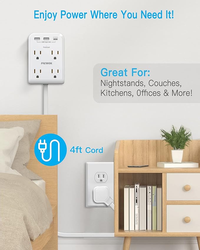 Flat Multi Plug Extender with 3 USB Wall Charger(1 Type C), 4 Outlet Wall Adapter, 4 ft Thin Extension Cord, Flat Plug Surge Protector Power Strip for Home, Office, College Dorm. White