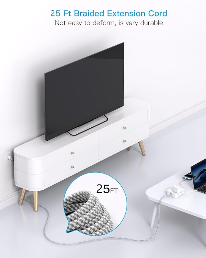 Extension Cord 25 Ft, Surge Protector Power Strip with 8 Outlets 4 USB Ports(2 USB C), Long Cord, Wall Mount, Desk USB Charging Station for Home Office College Dorm Room Essentials