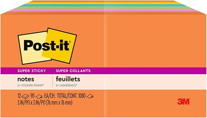 Post-it Super Sticky Notes, 12 Sticky Note Pads, 3 x 3 in., School Supplies, Office Products, Sticky Notes for Vertical Surfaces, Monitors, Walls and Windows, Energy Boost Collection