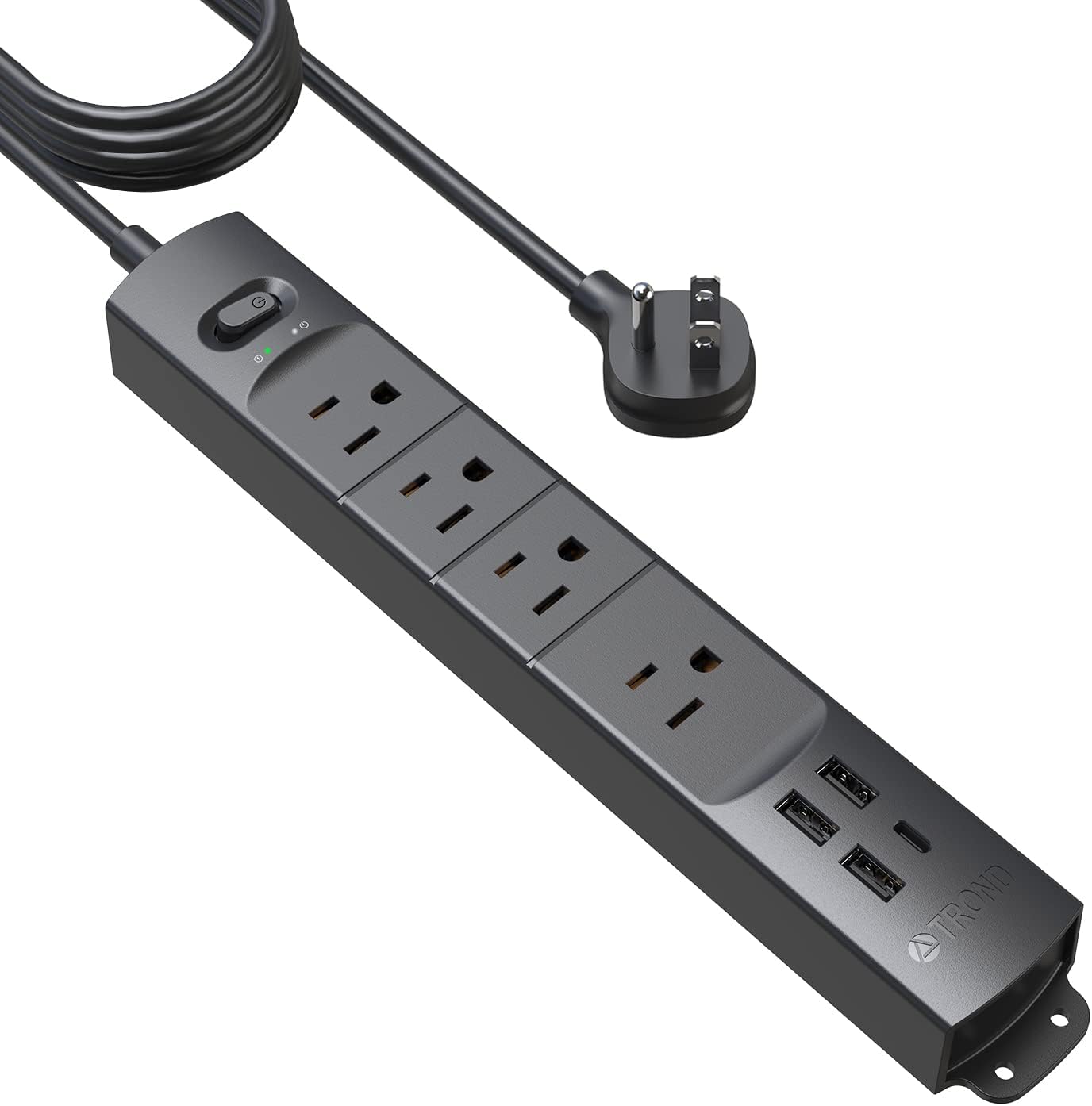 TROND Surge Protector Power Strip with USB, Ultra Thin Flat Plug 15ft Long Extension Cord 1625W, 3 USB A & 1 Type C, 4 AC Outlets 1440J Surge Protection Wall Mount for Home Office Dorm Room, Black