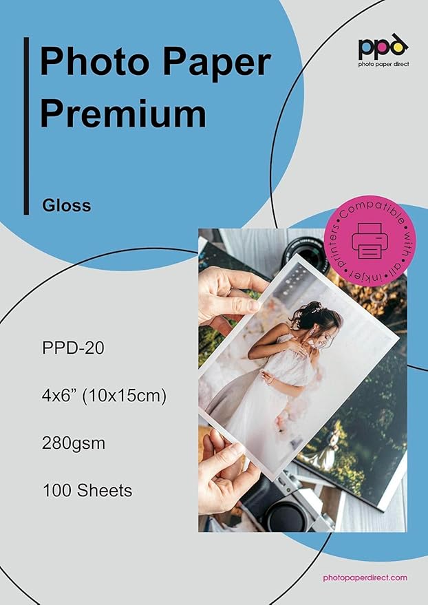 PPD Glossy Photo Paper for Inkjet Printer, 4 x 6" Premium Quality Printable Sheets for Custom Picture, Professional Photographic Instant Dry For with Normal, Dye or Pigment Ink (100 Pack/255 gsm)