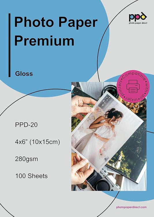 PPD Glossy Photo Paper for Inkjet Printer, 4 x 6" Premium Quality Printable Sheets for Custom Picture, Professional Photographic Instant Dry For with Normal, Dye or Pigment Ink (100 Pack/255 gsm)