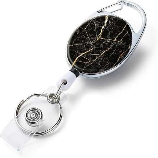 Badge Reels Retractable，Double Sided Color Print Pattern Retractable Badge Holders，with Retractable Keychain, Badge Clip and Key Ring，Durable Nylon Retractable Rope，Black Marble