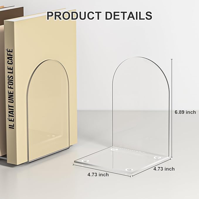 Acrylic Bookends 6 Pieces, Book Ends for Shelves, Clear Bookends for Book Shelves and Desktop Organizer, Transparent Bookends to Hold Books for Home Office Supplies