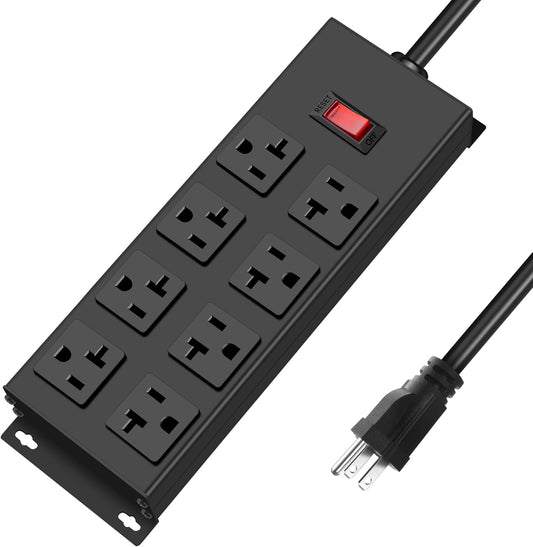JUNNUJ Heavy Duty 20 Amp Power Strip, Garage 8 Outlets Metal 12 Gauge Surge Protector 3000J, High Amp 5-15P Adapter Shop 6-20R T-Slot Industrial Outlets (8AC, 6FT)