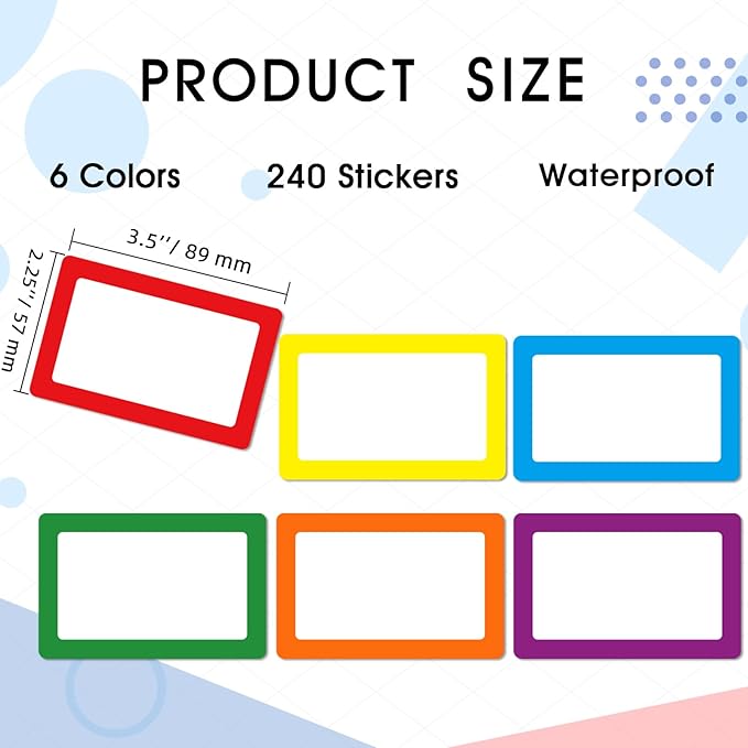 6 Color Name Tag Stickers, 240PCS Waterproof Stickers 3.5X2.25 Inch Name Labels for Office, School, Classroom and Home