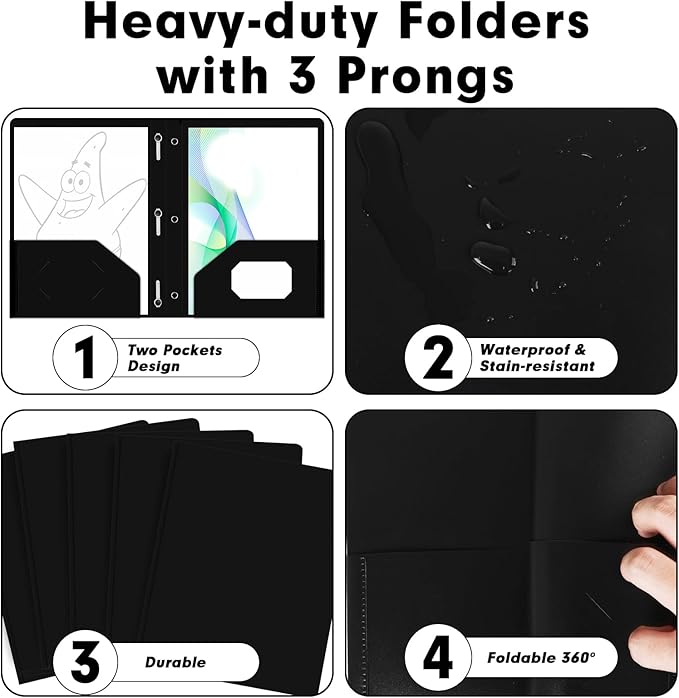 Plastic 2 Pocket Folders with Prongs, 30 Pack, Heavyweight, Letter Size Poly Folders with 3 Metal Prongs Fastener Clips (Black)