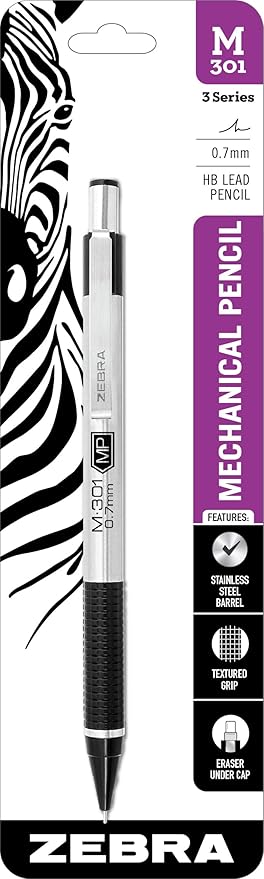 Zebra Pen M-301 Mechanical Pencil, Stainless Steel Barrel, Medium Point, 0.7mm, Black Grip, 1-Pack