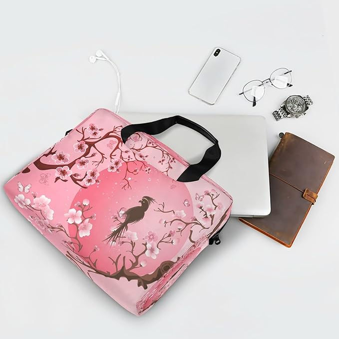 Japanese Cherry Blossom Sakura Tree With Bird Laptop Messenger Bag Case Sleeve Crossbody Briefcase for Men Women with Shoulder Strap Handle 13 14 15.6 inch