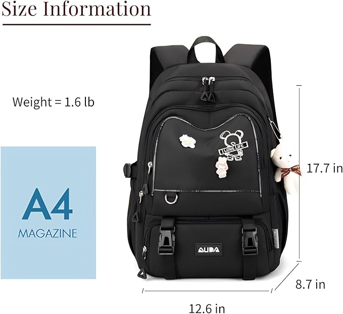 Cute School Laptop Backpack with Large Capacity Multiple Pockets for Girls Travel Friendly with Luggage Strap Accessory Included (Black)