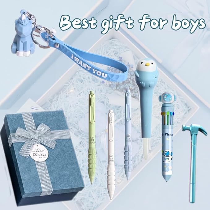 6pcs Kawaii Pens with 1 Cute Keychain Great gift for Boys Stress Relief Pen Cartoon Ballpoint Pen for Office Back to School Supplies Students Gift