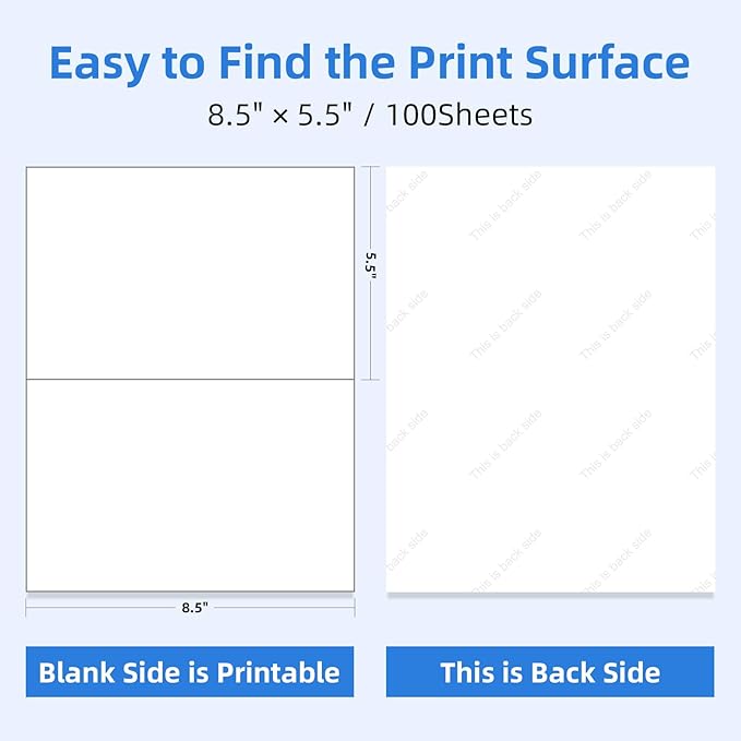 200 Half Sheet Self Adhesive Shipping Labels 8.5" x 5.5" Address Labels for Laser & Inkjet Printers - 100 Sheets, 2 Half Sheet Labels Per Page