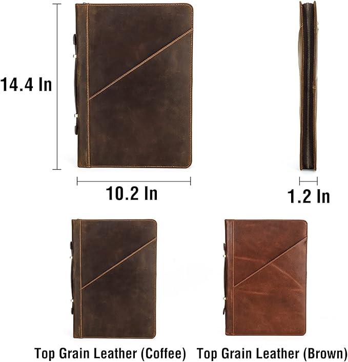 Top Grain Leather 14.2" Slim Laptop Zipper Folio Case Bag, Vintage Design & 2 Pockets, Handmade, Compatible with MacBook Pro 14" 2021 2022 M1 Pro/M1 Max A2442 & Other PC, Brown 14.2 Inch