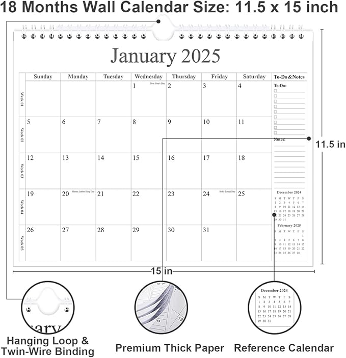 Calendar 2025 - Wall Calendar 2025-2026 from January 2025 - June 2026, 18 Months Calendar with Premium Paper, Twin-Wire Binding & Hanging Hook, 12" x 14.5", Black