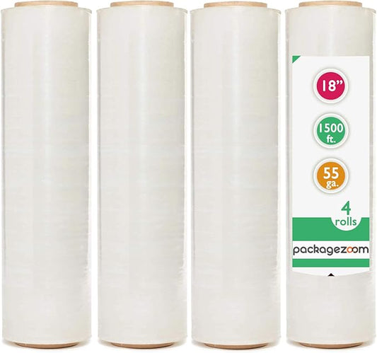 PackageZoom 4 Rolls 12" Stretch Wrap x 1500 Feet Stretch Wrap 55 Gauge Stretch Wrap Moving Supplies Stretch Wrap