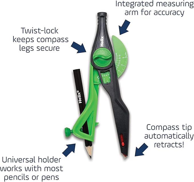 Helix - Plastic Locking Compass and Protractor - 2 Piece Set - Geometry, Drafting & Drawing