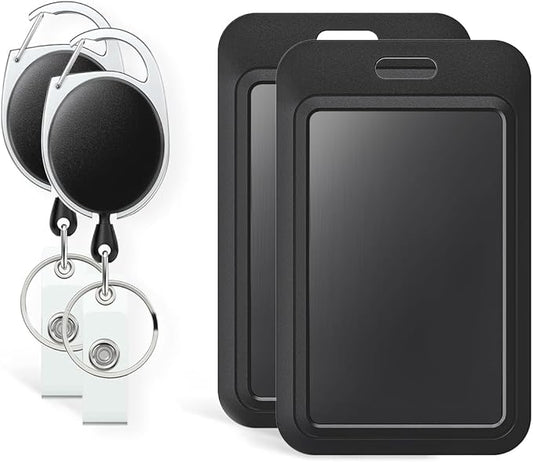 Uniclife 2 Pack Sliding Badge Holder Hard Black Vertical Plastic Card Case Protector with Retractable Badge Reel Carabiner for Office School ID Credit Proximity Key Card Driver’s License and Pass