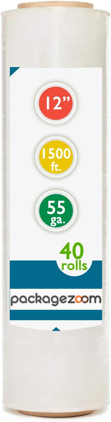 PackageZoom 40 Rolls 12" Stretch Wrap x 1500 Feet Stretch Wrap 55 Gauge Stretch Wrap Moving Supplies Stretch Wrap