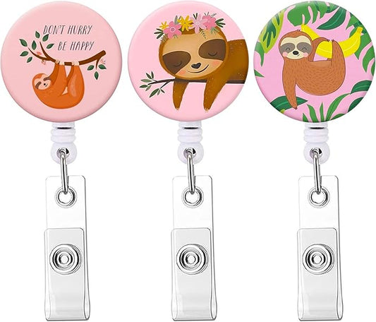 Retractable Badge Reel Clip, Badge Holder with Alligator Clip, Cute Badge Clip on ID Name Card Holders for Nurse Doctor and Office (3Pack Pretty Sloth)
