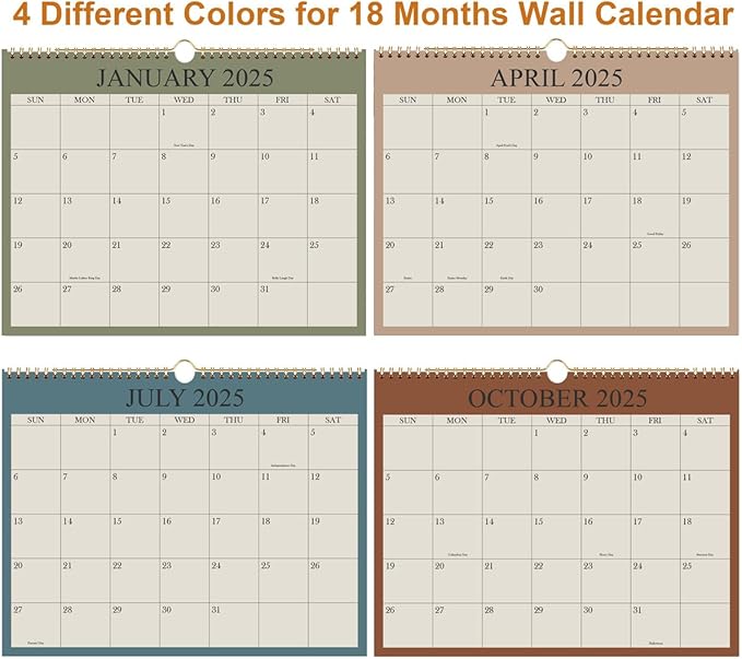 Calendar 2025, Wall Calendar 2025-2026 from January 2025 - June 2026, 18 Months Calendar with Premium Paper, Twin-Wire Binding & Hanging Hook, 8.5" x 11", Green
