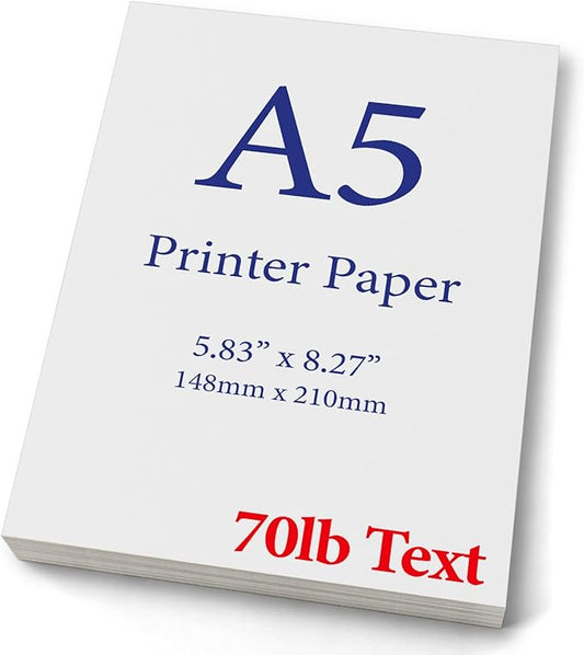 Premium A5 (8.3"x 5.83") Printer Paper - 70lb Text / 28lb Bond (105 gsm) Bright White Paper (250 Sheets)