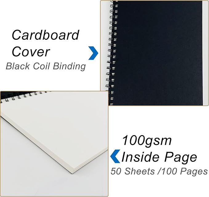 Blank Spiral Notebook, 3-Pack, Soft Cover, Sketch book, 100 Pages / 50 Sheets, 7.5 inch x 5.1 inch, 100GSM, (Black)