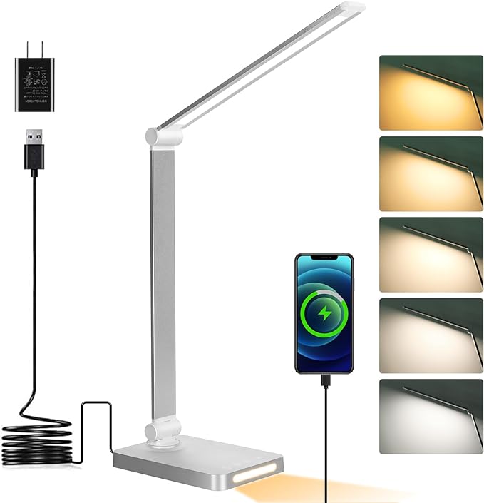 Dott Arts LED Desk Lamp with USB Ports,Touch Desk Lamps for Home Office with 5 Color Modes,3 Brightness Desk Light with Small Night Light,Reading Lamp Table LED Lamp for Bedroom Bedsid Study Sliver