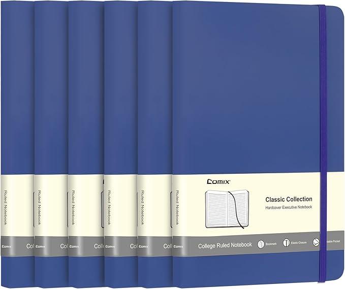 Comix 6 Pack Lined Journal Notebooks for Work, 240 Pages, 5.5"x8.3", Navy Blue, Hardcover, A5 Medium College Ruled, Journaling Notebooks for Notes-Taking, Fits for Office School Home