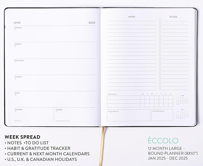 Eccolo 2025 Large Agenda Planner, 12 Month, Yearly, Monthly & Weekly Pages, Habit & Gratitude Tracker (Linen Flexi-Cover - 8 x 10")