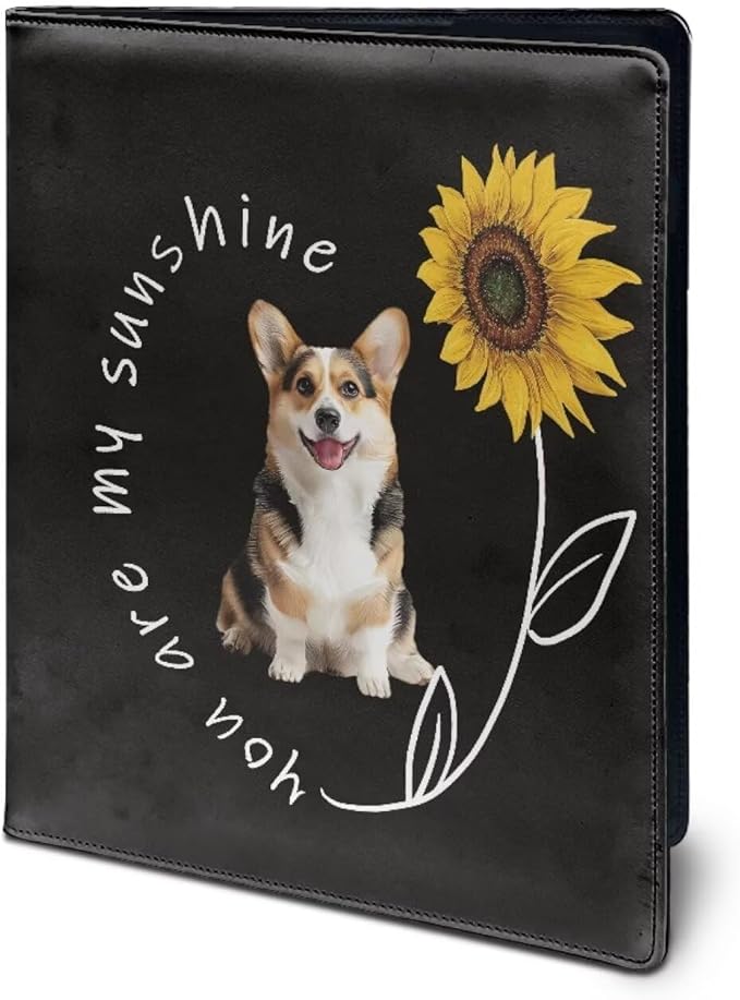 Office Folder Cute Dog Sunflower Print PU Leather Padfolio with A4 Size Clipboard Clip for Business Resume Interview Document Sleeve Binder Folder for Men/Women