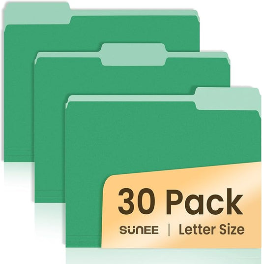 SUNEE File Folders, 30 Pack Manilla Folders 8.5 x 11, Colored File Folders Home Office School Supplies for Documents Files Paper, Green