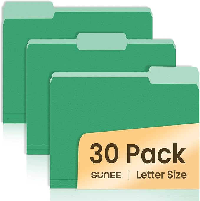 SUNEE File Folders, 30 Pack Manilla Folders 8.5 x 11, Colored File Folders Home Office School Supplies for Documents Files Paper, Green