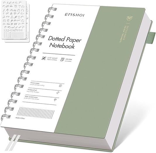 EMSHOI Spiral Notebook Bullet Dotted Journal, A5 Dotted Grid Notebook with 300 Pages, 100gsm Thick Paper, Waterproof Softcover Notebook for School Work Writing, 5.7" × 8.22" - Light Green