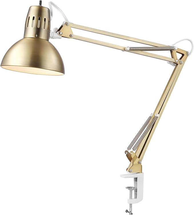 Globe Electric 62000010 32" Multi-Joint Desk Lamp with Metal Clamp, Matte Brass, White Accents, On/Off Rotary Switch on Shade, Partially Adjustable Swing Arm, Home Décor, Office Accessory