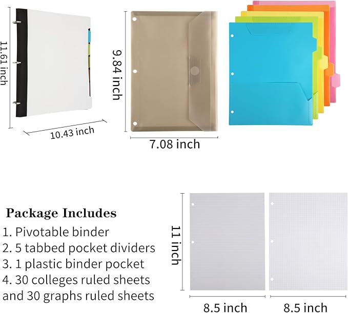 Pivotable Refillable Notebook, 3 Ring Binder Notebooks 1 Inch, Notebook with Dividers and Pockets, Folder Notebook, Flexible Binder, Soft Binders 3 Ring, Foldable Binder- White