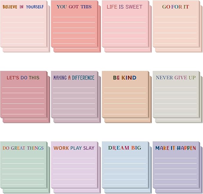 Yinder 24 Pcs Inspirational Sticky Notes with Lines Cute Motivational Sticky Notes Pad Employee Appreciation Gifts Bulk for Teacher Nurse Coworkers Office Supplies 3 x 3''(Aesthetics,Motivational)