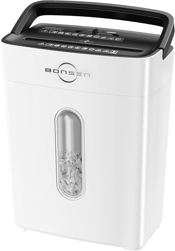 BONSEN White Paper Shredder for Home Office, 8-Sheet Cross-Cut Paper and Credit Card Small Office Shredders, High Security Level P-4 Ultra Quiet Shredder with 4 Gallons Wastebasket (S3101-W)