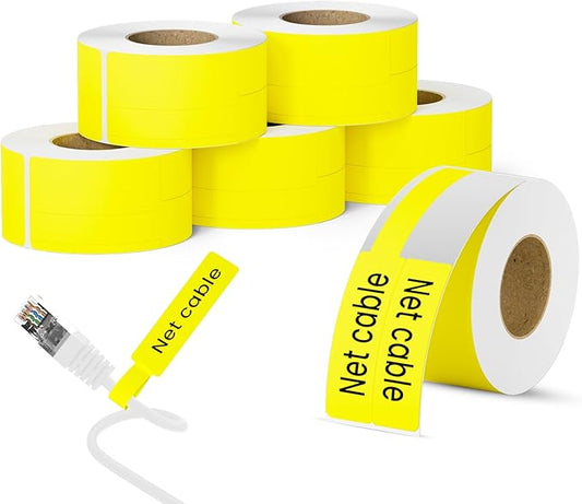 Clabel Printable Cable Labels 6 Rolls of Thermal Self-Adhesive Paper Labels Tape, 25x78mm (1"x3") 100 Sheets Per Roll, Black Print on Yellow Sticker Tags Durable for Cables Management