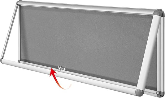SWANCROWN Enclosed Noticeboard Grey Frabric Bulletin Boards Lockable Display Case Tamperproof with Keys Pins,38x14inch